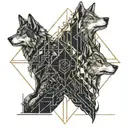 two wolves, one coming out of the darkness and the other going into it, accompanied by the quote "Light and darkness within us." tattoo design idea