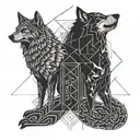 two wolves, one coming out of the darkness and the other going into it, accompanied by the quote "Light and darkness within us." tattoo design idea