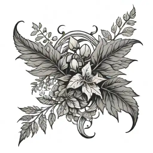 s-shaped, hawthorn, mugwort, fern, ivy, body tattoo design idea