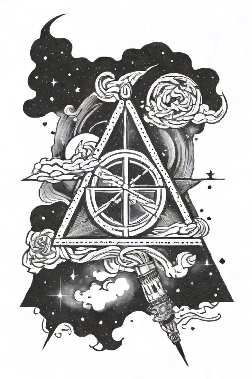 A traditional tattoo of the Deathly Hallows symbol intertwined with a lightsaber, with stars and galaxies in the background, representing the client's passion for both Harry Potter and Star Wars tattoo design idea