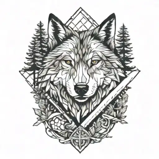 Wolf And Sword And Pine Trees tattoo design idea