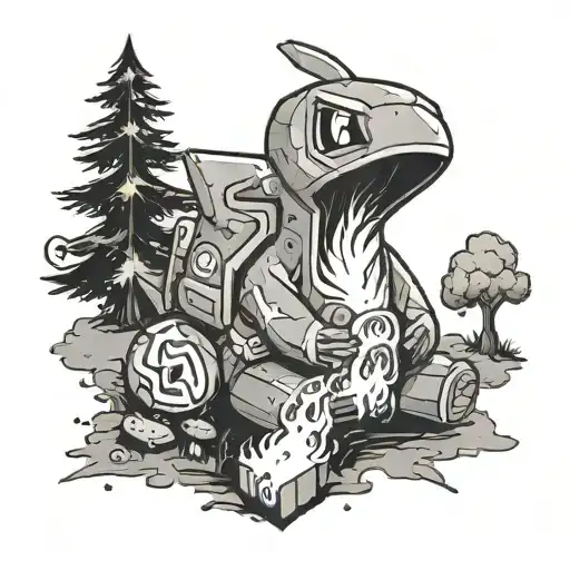 the pokemon cubene sits at a campfire.  the smoke writes the name Alex in the starry night tattoo design idea