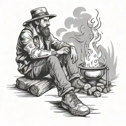 man sits at a campfire.  the smoke writes the name Alex in the night tattoo design idea