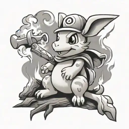 the pokemon cubone sits at a campfire.  the smoke writes the name Alex in the night tattoo design idea