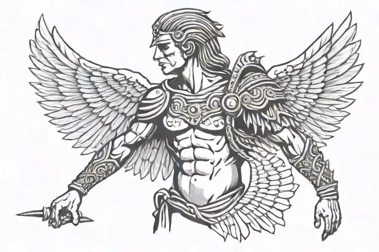 side profile trojan warrior on chest with wings spanning onto arm tattoo design idea