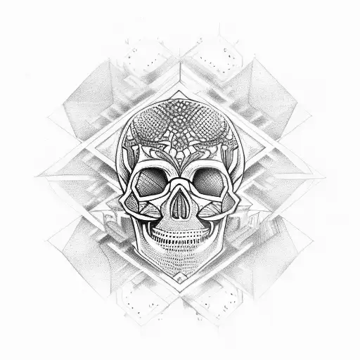 geometric skull and floral tattoo design idea