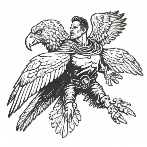 a man crossed with an eagle, wings spread wide, face fierce tattoo design idea