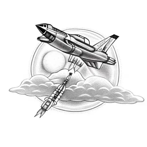 big Rocket ship taking off from the ground into heaven with clouds and angels also flying around tattoo design idea