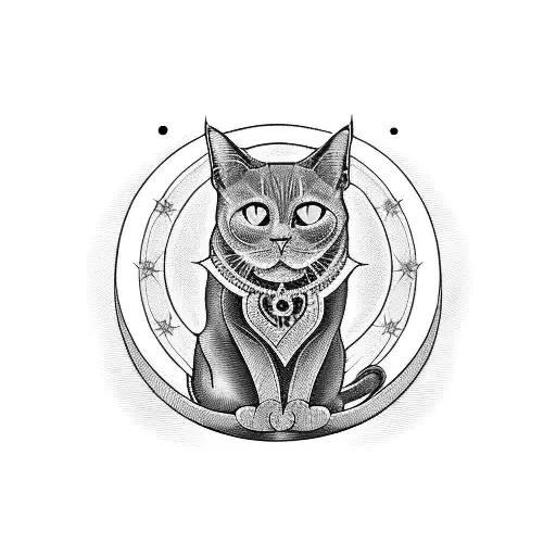 A witchcraft inspired tattoo featuring a black cat with a crescent moon on its forehead, surrounded by gothic symbols and cemetery imagery tattoo design idea