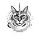 A witchcraft inspired tattoo featuring a black cat with a crescent moon on its forehead, surrounded by gothic symbols and cemetery imagery tattoo design idea