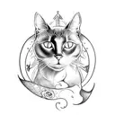 A witchcraft inspired tattoo featuring a black cat with a crescent moon on its forehead, surrounded by gothic symbols and cemetery imagery tattoo design idea