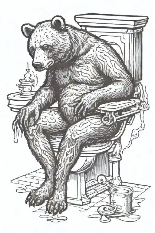 dead bear sitting on the toilet scene tattoo design idea