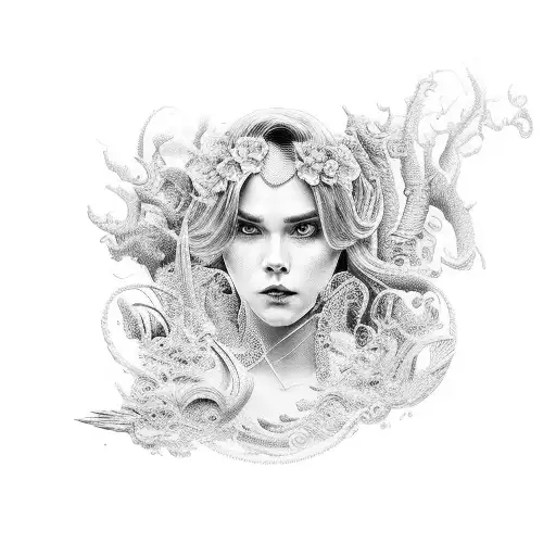 A dramatic scene from a soap opera depicted in intricate dotwork tattoo design idea