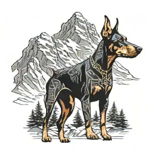 A Doberman dog with circuit board patterns integrated into its fur, standing proudly on a mountain peak tattoo design idea