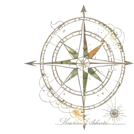 A minimalist tattoo of a compass rose, with watercolor elements to represent the sea and earth tones to symbolize the land, reflecting the client's passion for astrology and the elements tattoo design idea