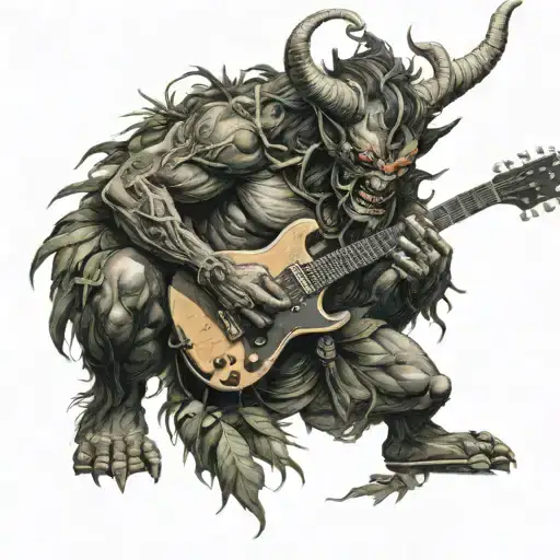 A  oni demon playing a guitar in the jungle tattoo design idea