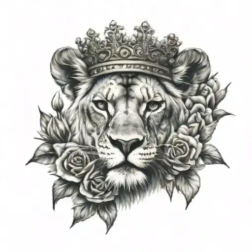 lioness wearing a crown surrounded by bold flowers tattoo design idea