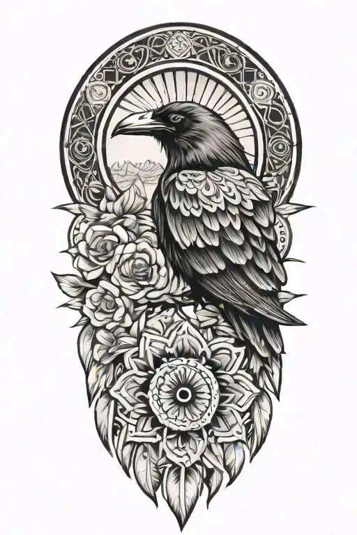 raven flying with Native American filler background of "flower tattoo design idea
