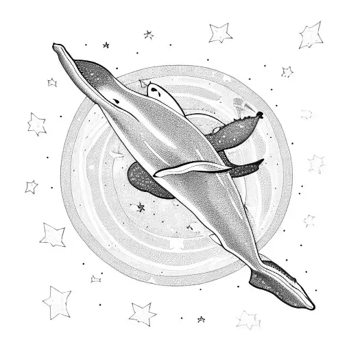 Whale flying in space near jupiter tattoo design idea