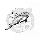 Whale flying in space near jupiter tattoo design idea