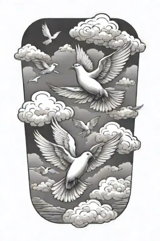 clouds and doves flying tattoo design idea