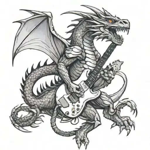 A black-grey tattoo of a fierce dragon playing an electric guitar, merging your interest in anime and music in a unique and powerful design tattoo design idea
