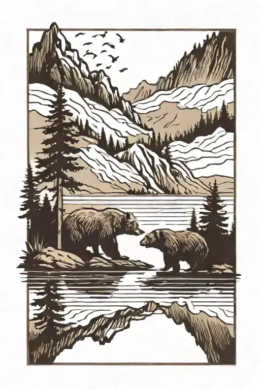 A mountain range reflecting off a lake surrounded by trees. On the mountain theres 3 bears and a hawk flying over tattoo design idea