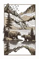 A mountain range reflecting off a lake surrounded by trees. On the mountain theres 3 bears and a hawk flying over tattoo design idea