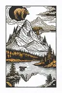 A mountain range reflecting off a lake surrounded by trees. On the mountain theres 3 bears and a hawk flying over tattoo design idea