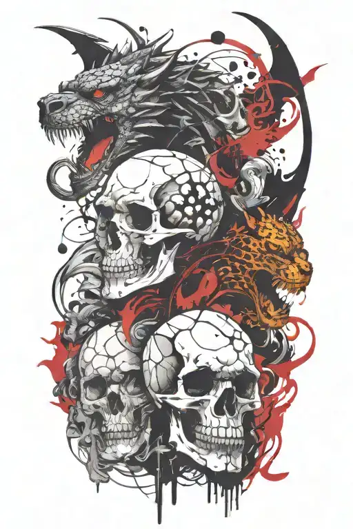 dragon vs panther and skull splitting tattoo design idea