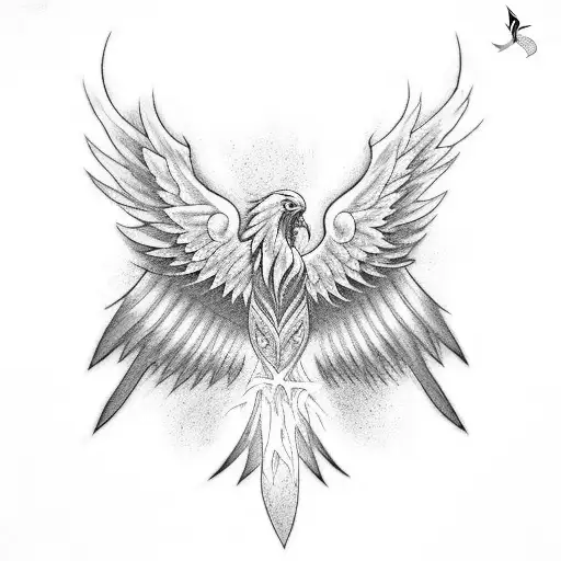 Tattoo on back of a phoenix, black and white, with wings going on shoulder blade and arms. Untill elbow. tattoo design idea