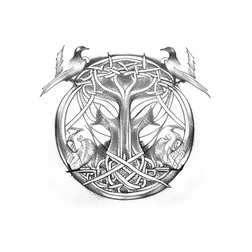 Viking tree of life with 3 sisters, ravens, fenrir and odin  tattoo design idea
