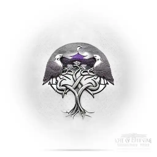 Viking tree of life with 3 sisters, ravens, fenrir and odin  tattoo design idea