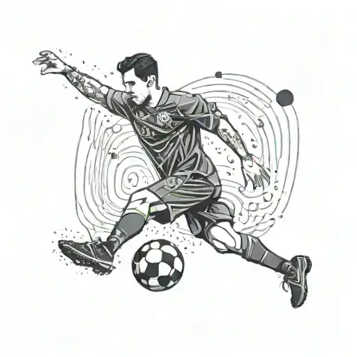 Illustrate a football player kicking a plasma ball in a FC Barcelona jersey tattoo design idea