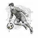 Illustrate a football player kicking a plasma ball in a FC Barcelona jersey tattoo design idea