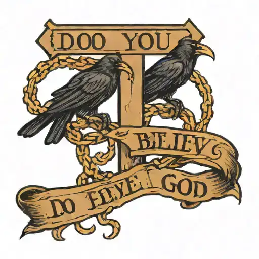 The text "Do you believe in god!?" With two crows chained to the letter o in god trying to fly away  tattoo design idea