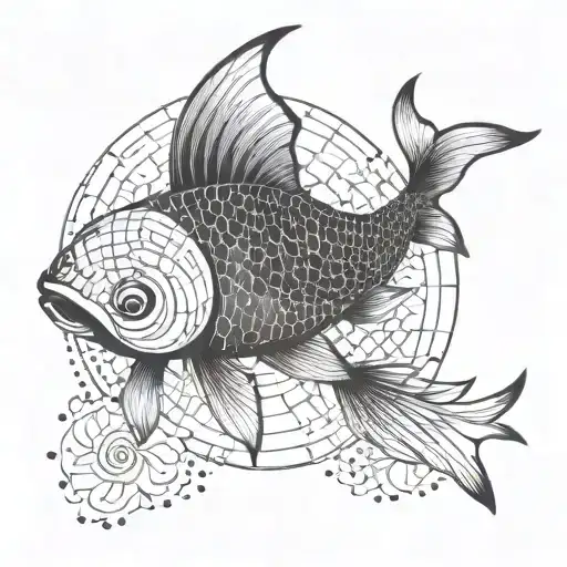 An intricate geometric design incorporating koi fish and binary code tattoo design idea