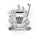 A poker chip with a coffee cup and smoke forming a musical staff tattoo design idea