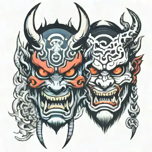 oni mask split vertically so half  tattoo design idea