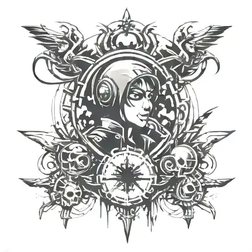 A bold and graphic tattoo inspired by the iconic red and black color scheme of Resident Evil 4, featuring elements from the game and a subtle nod to the client's love for electronic music tattoo design idea