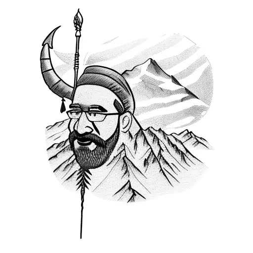 A blackwork tattoo featuring a mountaineer conquering a challenging peak with the Indian flag waving proudly in the background tattoo design idea