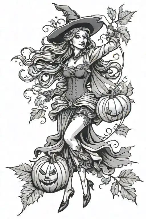 fall, pumpkins, leaves, witches dancing tattoo design idea