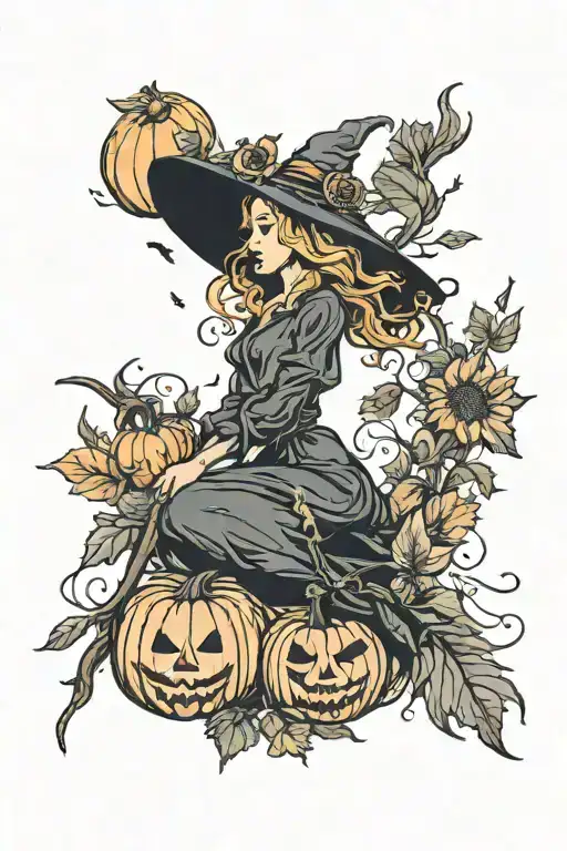 sunflowers, pumpkins, leaves and witch flying on a broomstick tattoo design idea