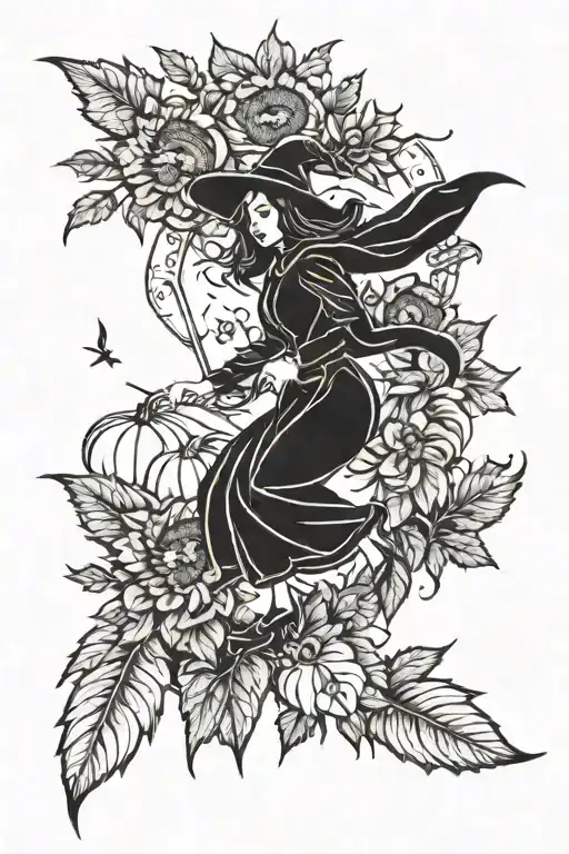 sunflowers, pumpkins, leaves and witch flying on a broomstick tattoo design idea