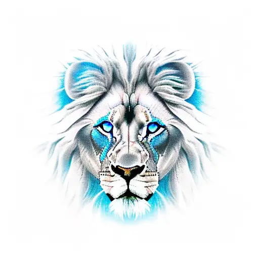 Grey Lion with blue eyes saying Power tattoo design idea