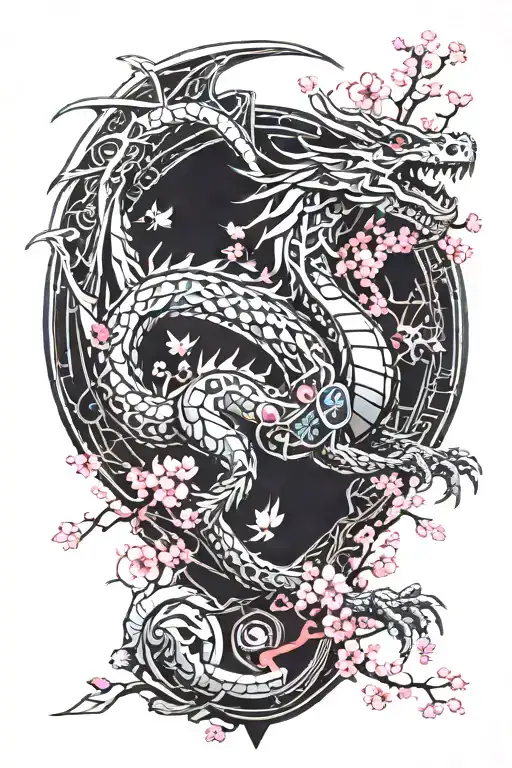 cybernetic dragon with cherry blossom tree surrounding it tattoo design idea