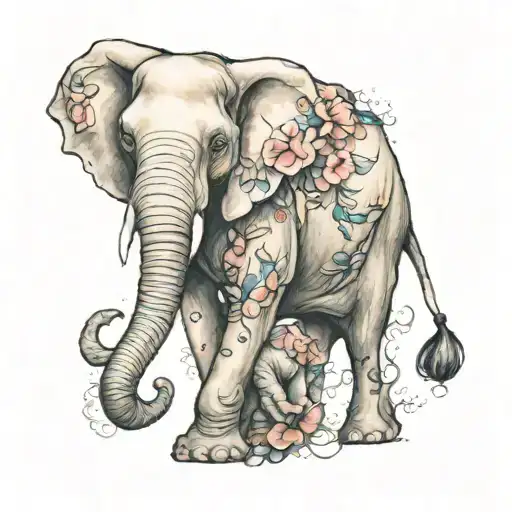 Create a womens elephant sleeve tattoo that represents time, family, daughters, love, faith, with a watercolor effect tattoo design idea