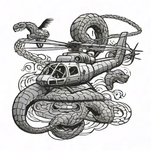 huey and cobra helicopters flying over dragon and cobra snake  tattoo design idea