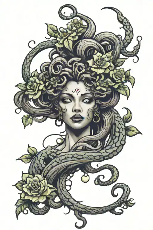 Medusa with flowers blooming tattoo design idea