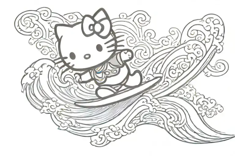 hello kitty surfing wave tattoo design idea